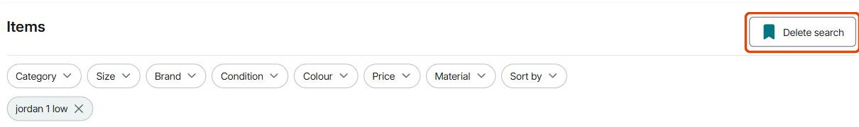 Vinted search results with the Delete search button highlighted on a saved search